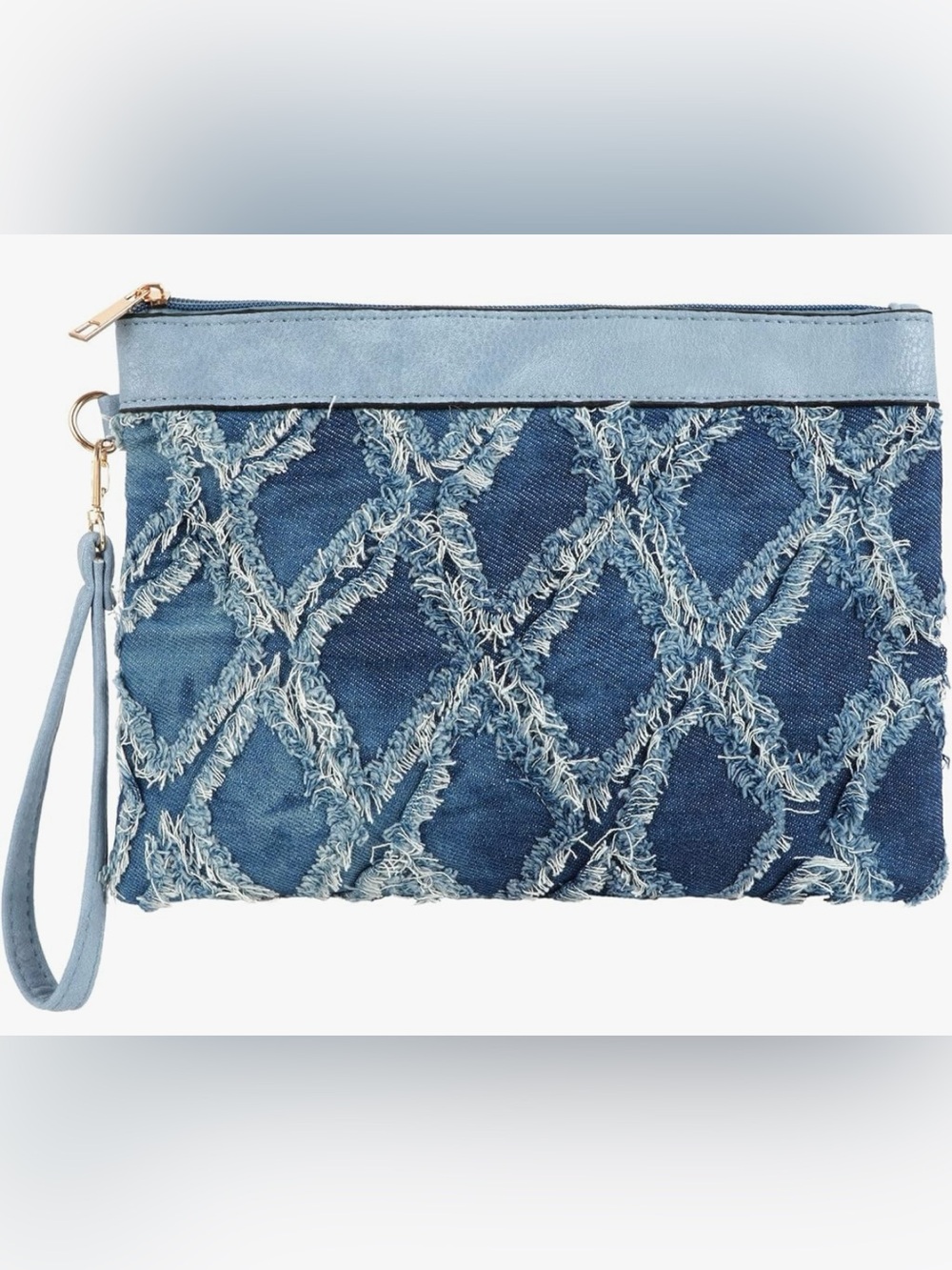 Denim Fringe Diamond Pattern Zip Pouch - Blue